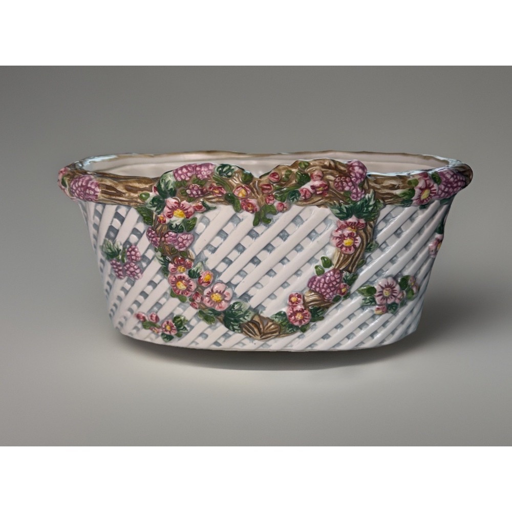 Vintage LBK Basket Weave Ceramic Planter‎ Heart Flowers Fruit